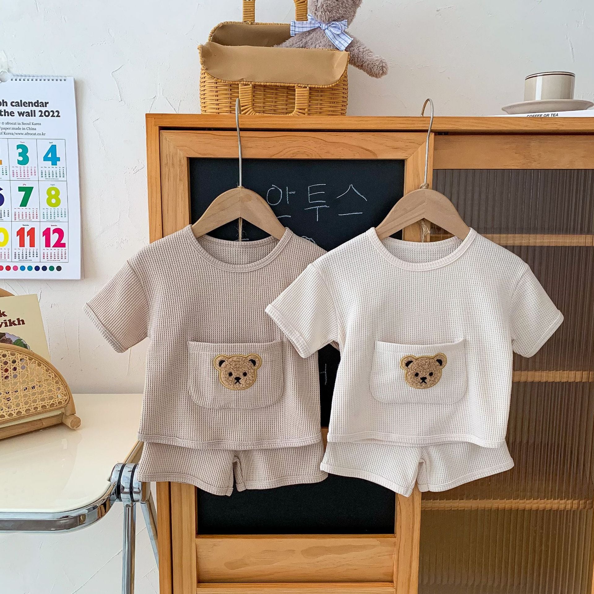 Waffle Knit Bear Print Top & Shorts Set
