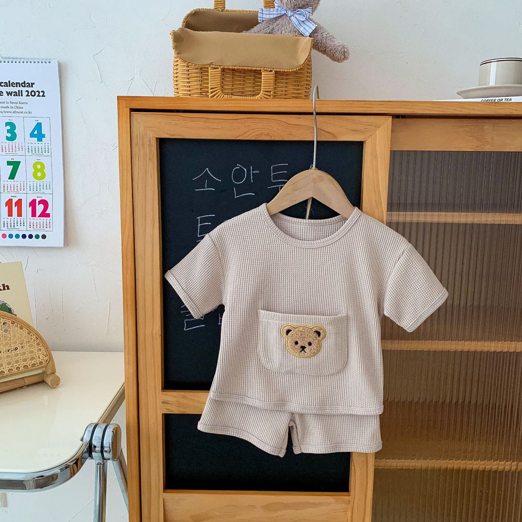 Waffle Knit Bear Print Top & Shorts Set