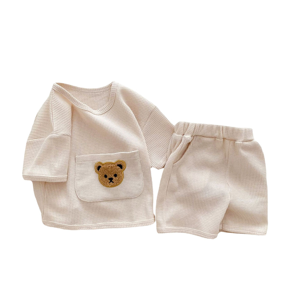 Waffle Knit Bear Print Top & Shorts Set
