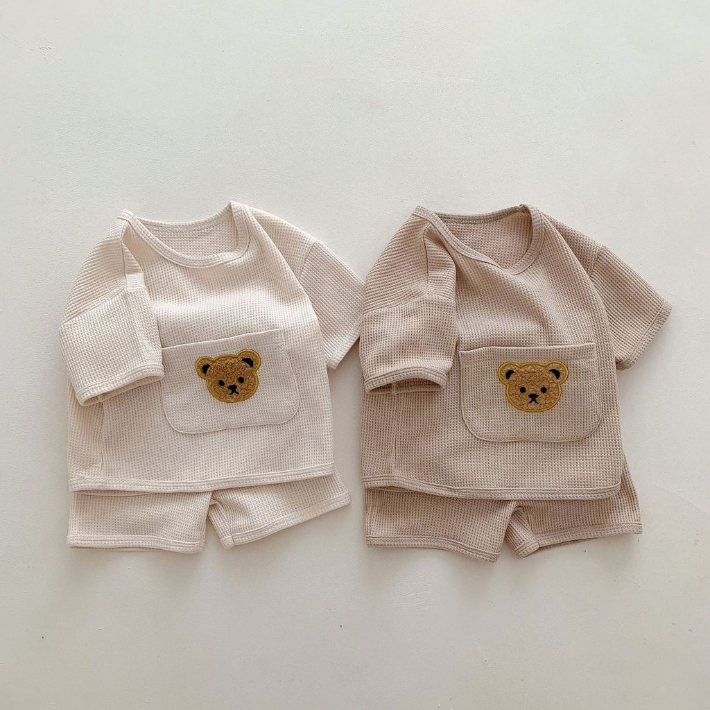 Waffle Knit Bear Print Top & Shorts Set