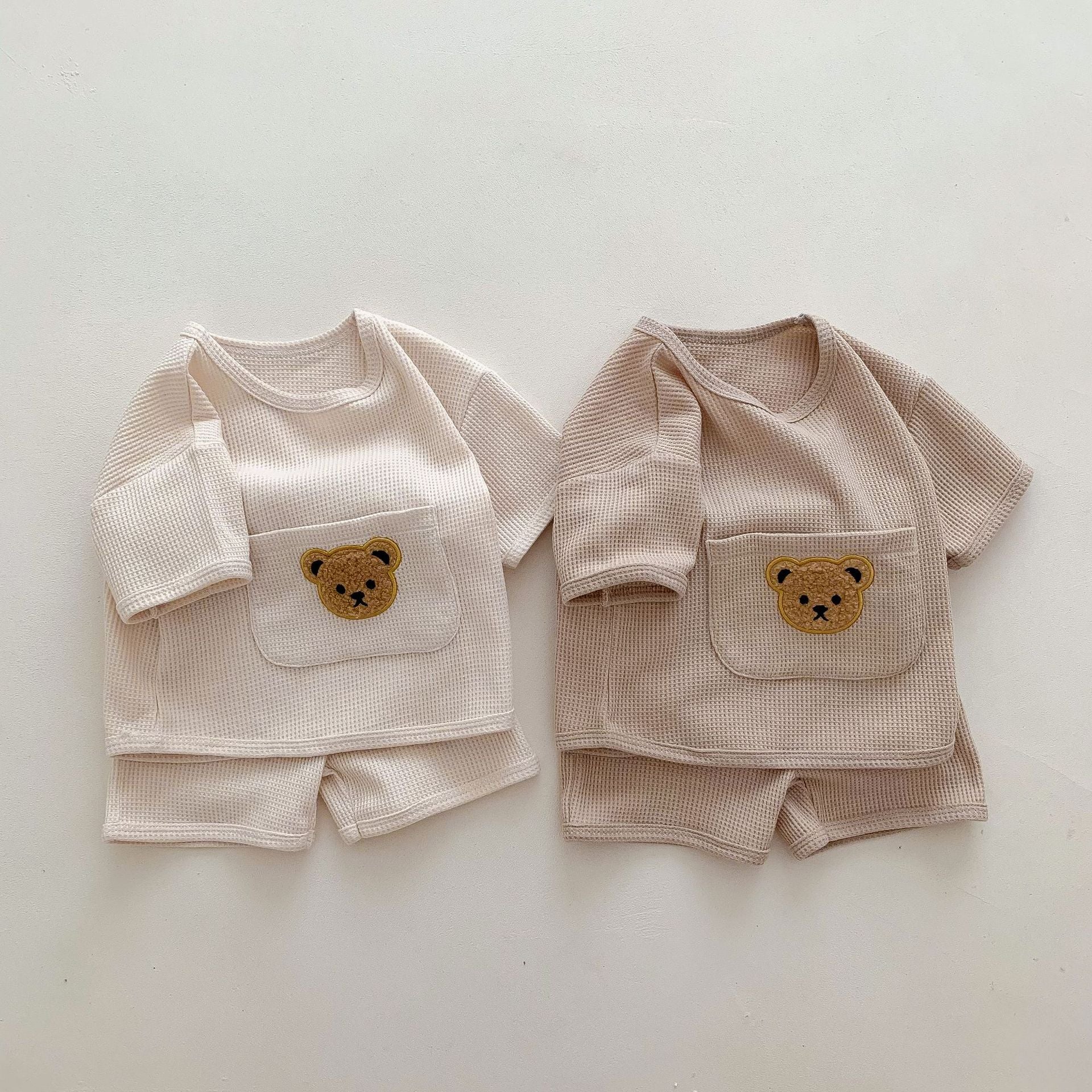 Waffle Knit Bear Print Top & Shorts Set