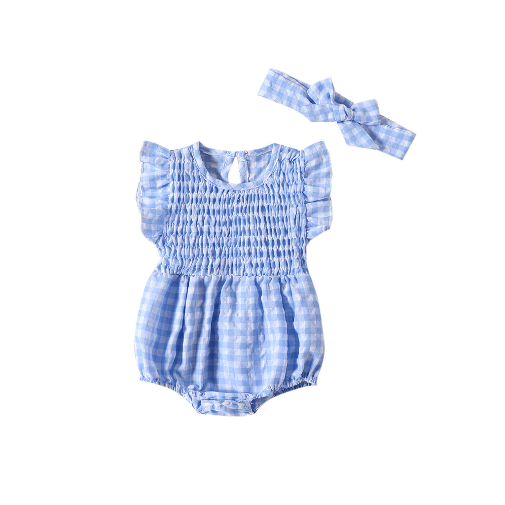 Baby girl sleeveless romper by Cozy Cub, solid blue triangle bodysuit with comfortable fabric, perfect for warm weather.
