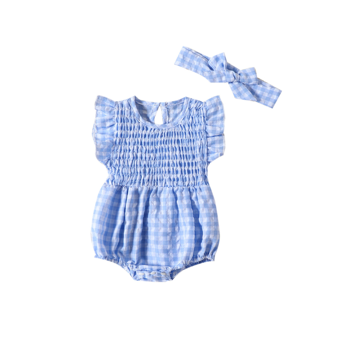 Baby girl sleeveless romper by Cozy Cub, solid blue triangle bodysuit with comfortable fabric, perfect for warm weather.
