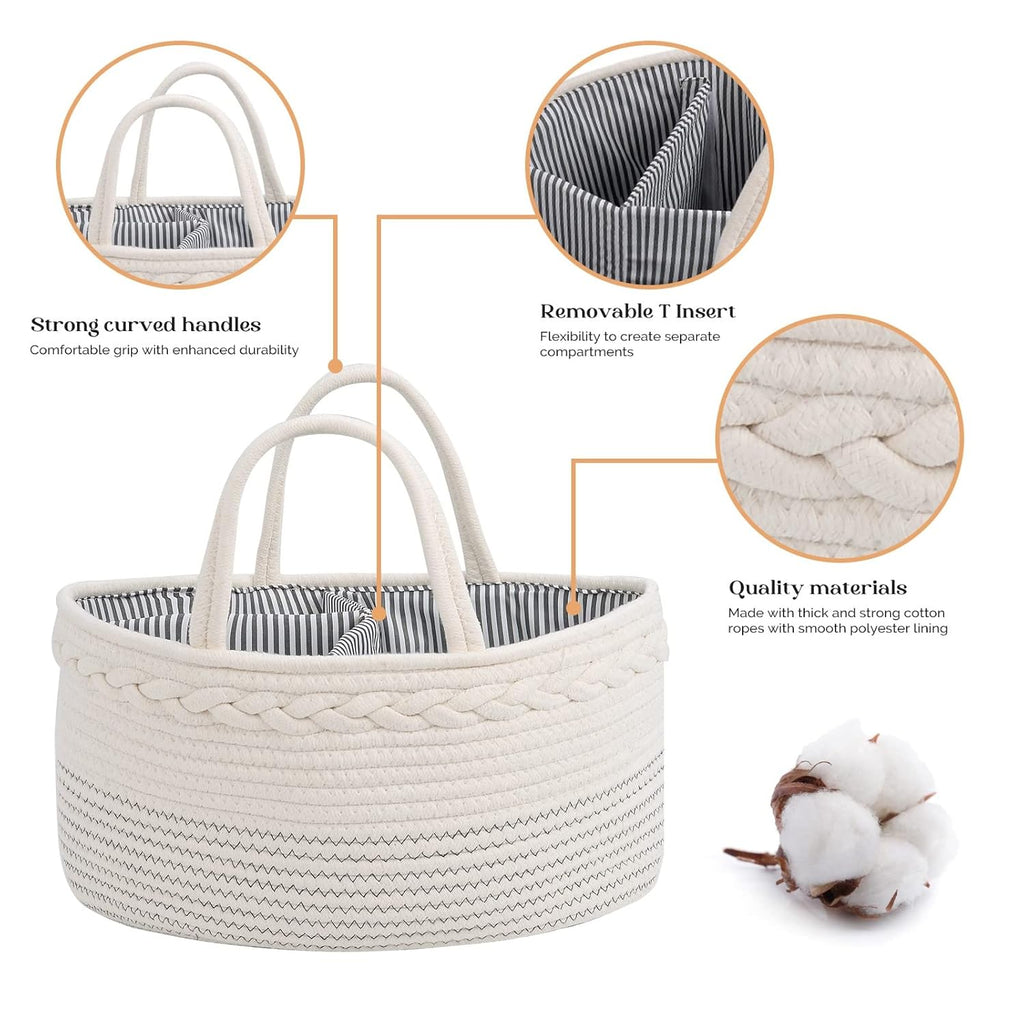 Cozy Cub Cotton Rope Diaper Caddy Organizer for nursery, featuring handles and multiple compartments for changing table storage.
