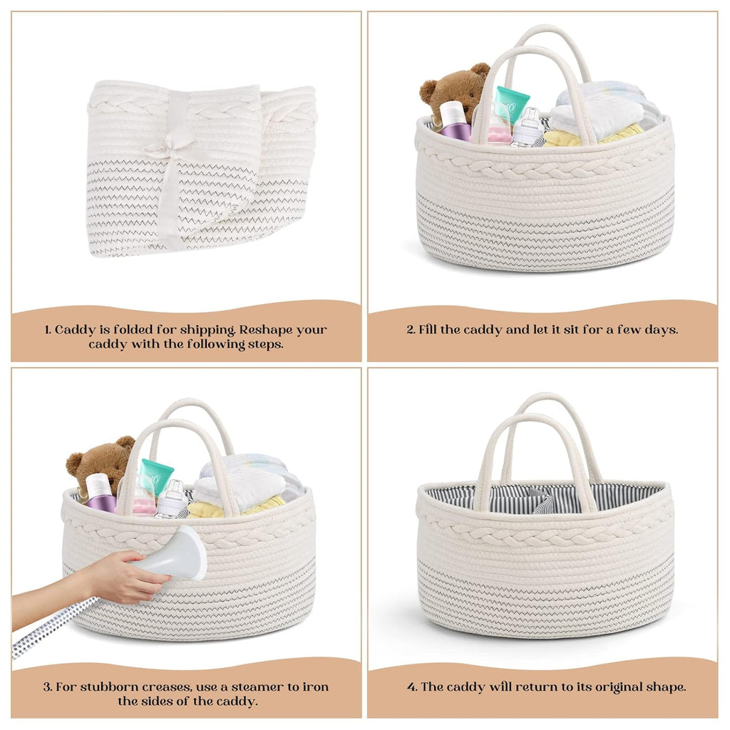 Cozy Cub Cotton Rope Diaper Caddy Organizer on nursery changing table, holds diapers, wipes, and baby essentials in a cozy nursery.
