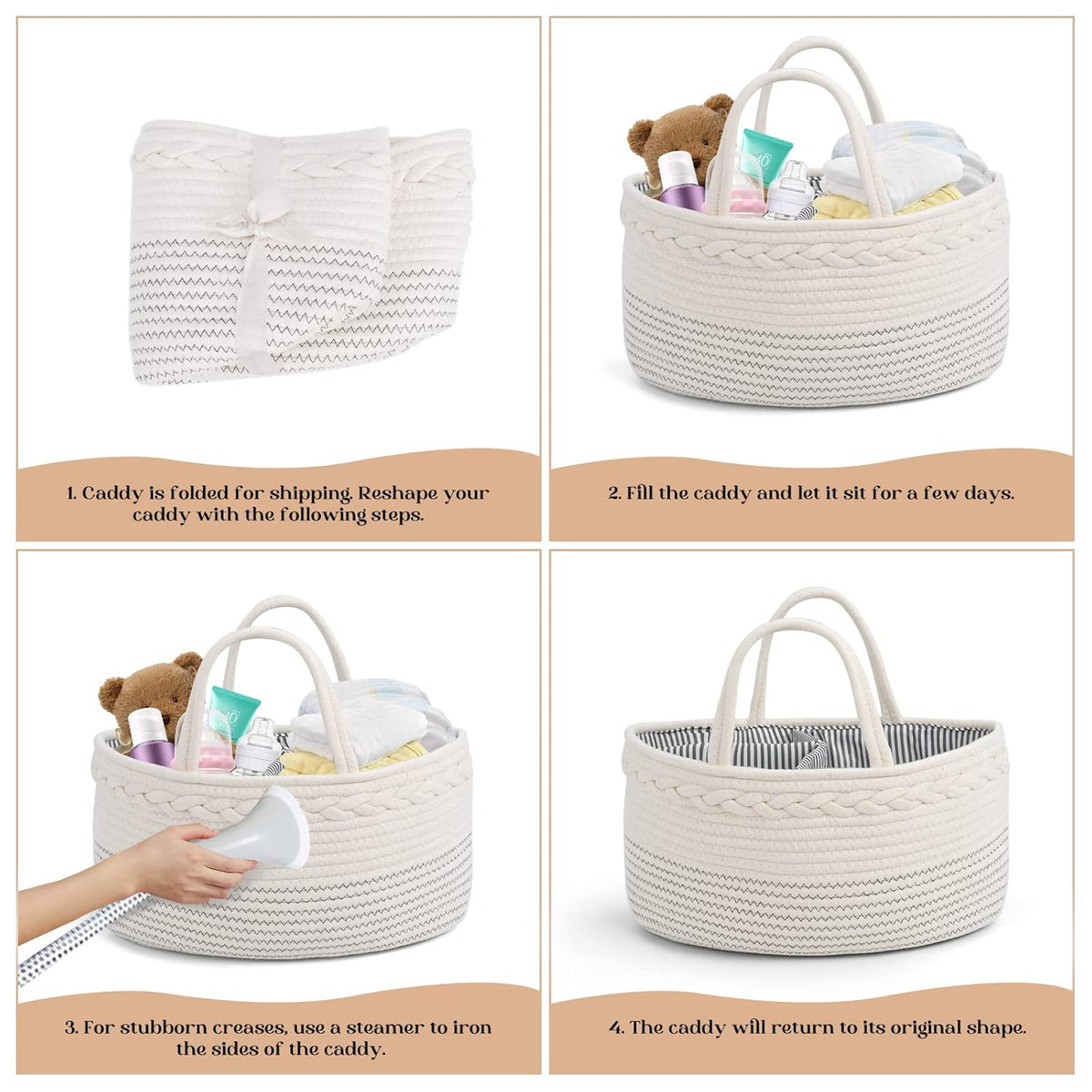 Cozy Cub Cotton Rope Diaper Caddy Organizer on nursery changing table, holds diapers, wipes, and baby essentials in a cozy nursery.
