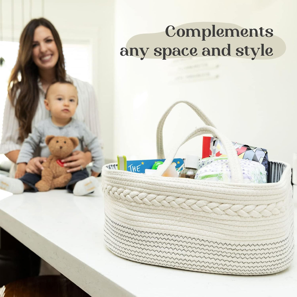 Cozy Cub Cotton Rope Diaper Caddy Organizer on nursery changing table, soft cotton rope basket for baby essentials.