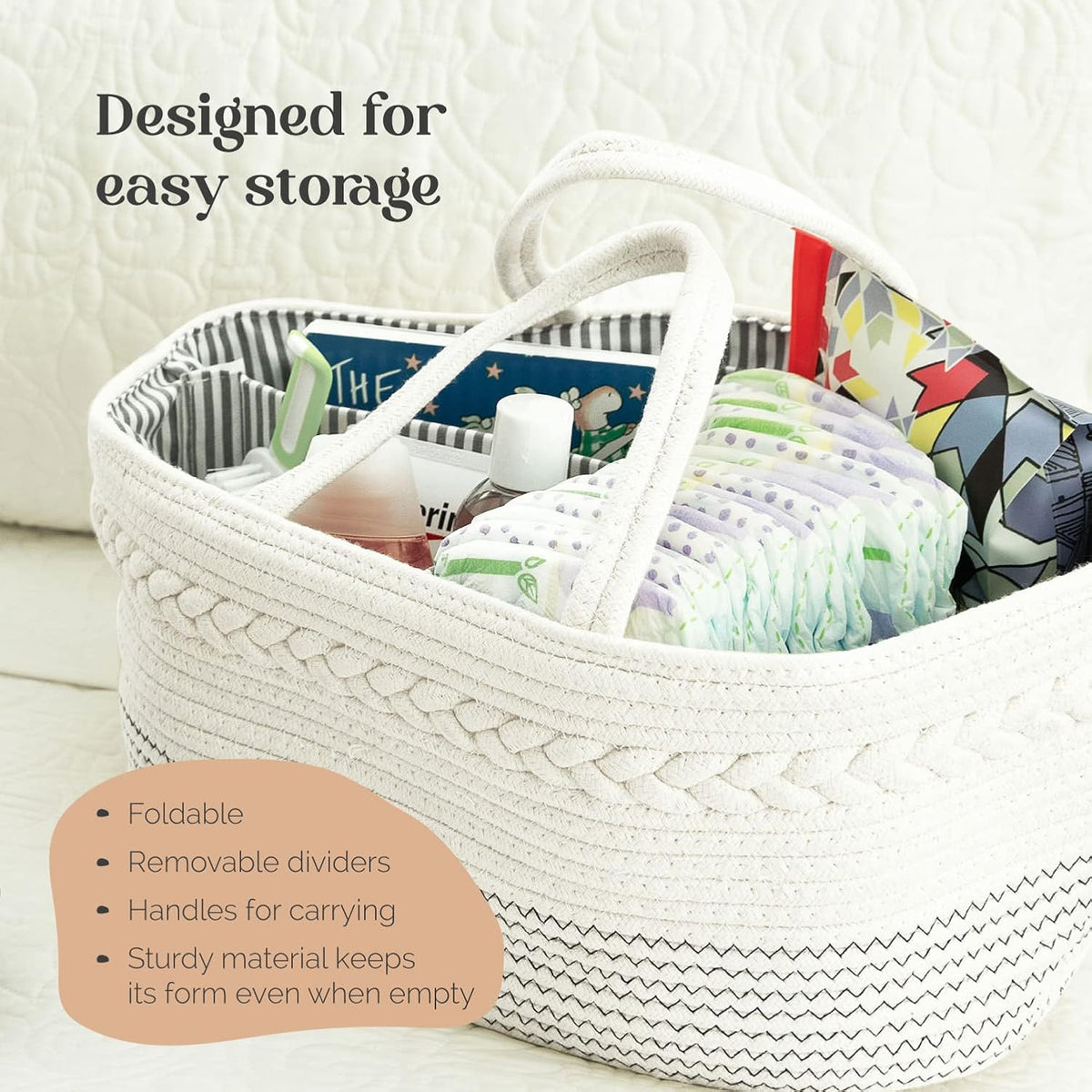 Cozy Cub cotton rope diaper caddy organizer with handles, nursery changing table basket for baby essentials and storage.