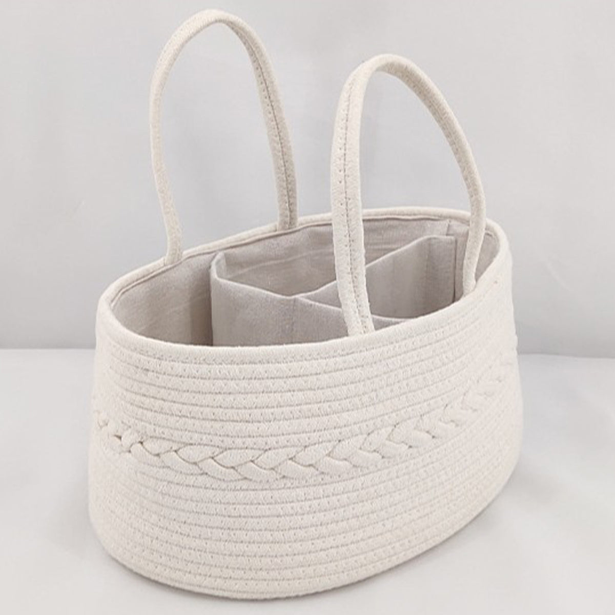 Cozy Cub Cotton Rope Diaper Caddy Organizer for nursery, featuring a natural woven basket for changing table storage.