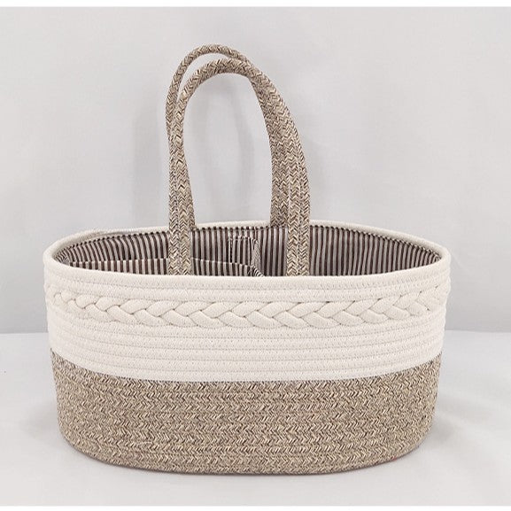 Cozy Cub Cotton Rope Diaper Caddy Organizer on nursery changing table, featuring soft cotton rope construction and multiple storage compartments.