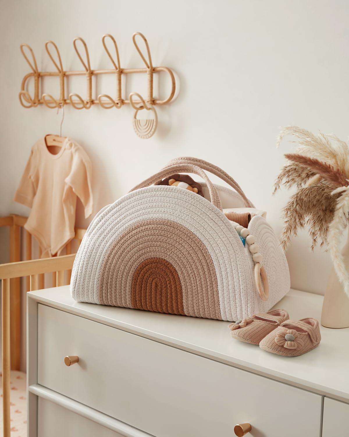Large Cozy Cub Earthy Rainbow Cotton Rope Diaper Caddy Basket for nursery storage, made of durable, colorful cotton rope.