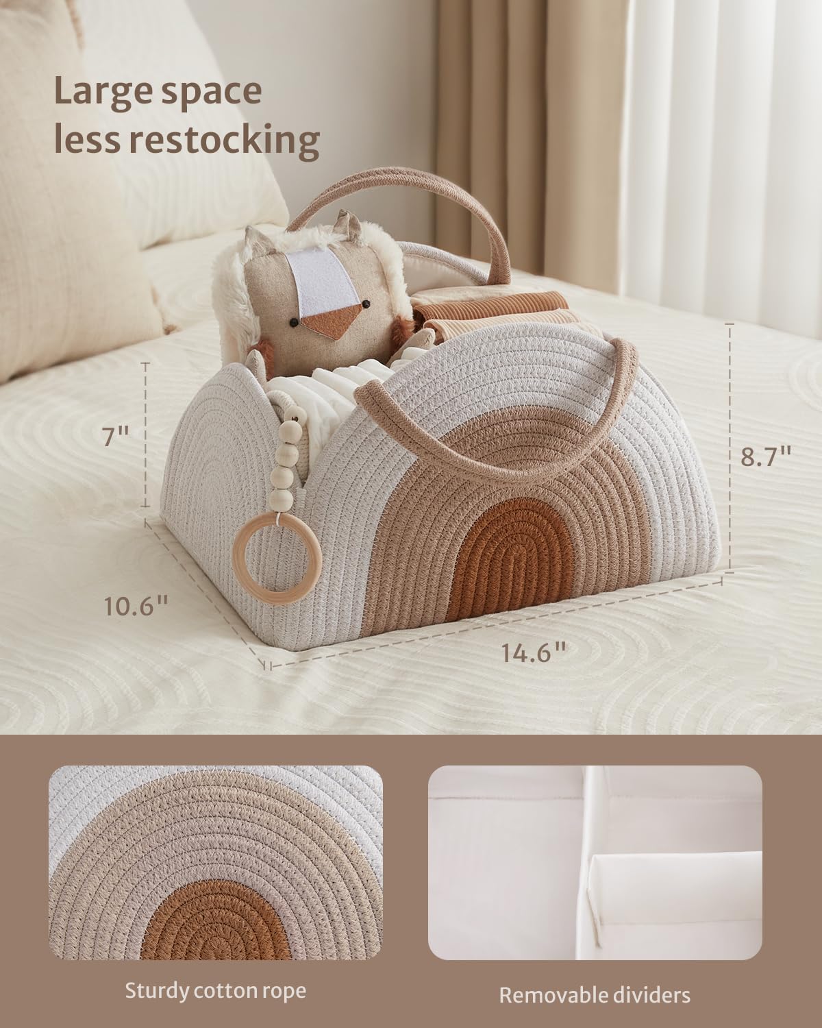 Large nursery storage basket by Cozy Cub with earthy rainbow cotton rope, ideal for diaper and baby nursery organization.