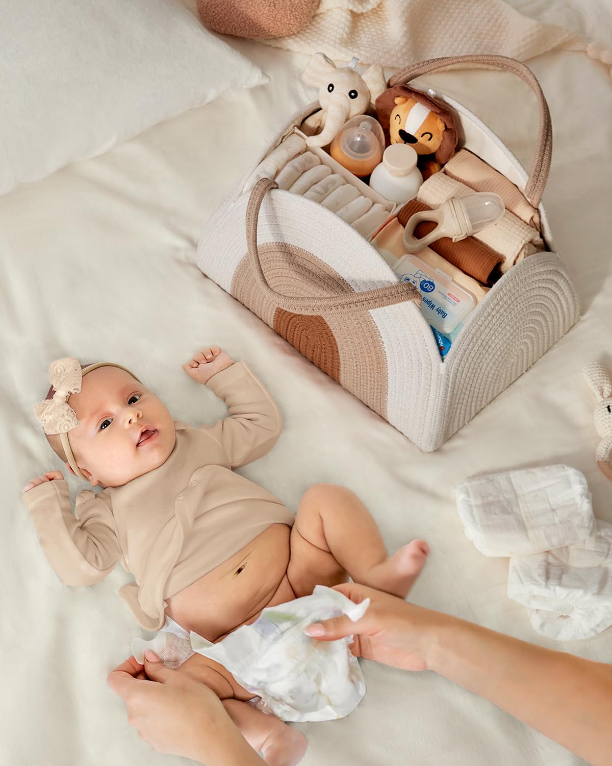 Large Cozy Cub Earthy Rainbow Cotton Rope Diaper Caddy Basket for nursery storage with colorful, woven design and sturdy handles.