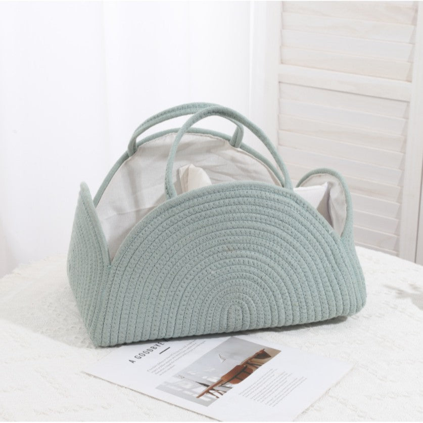 Large Cozy Cub Earthy Rainbow Cotton Rope Diaper Caddy Basket for nursery storage, with soft cotton rope design and spacious interior.