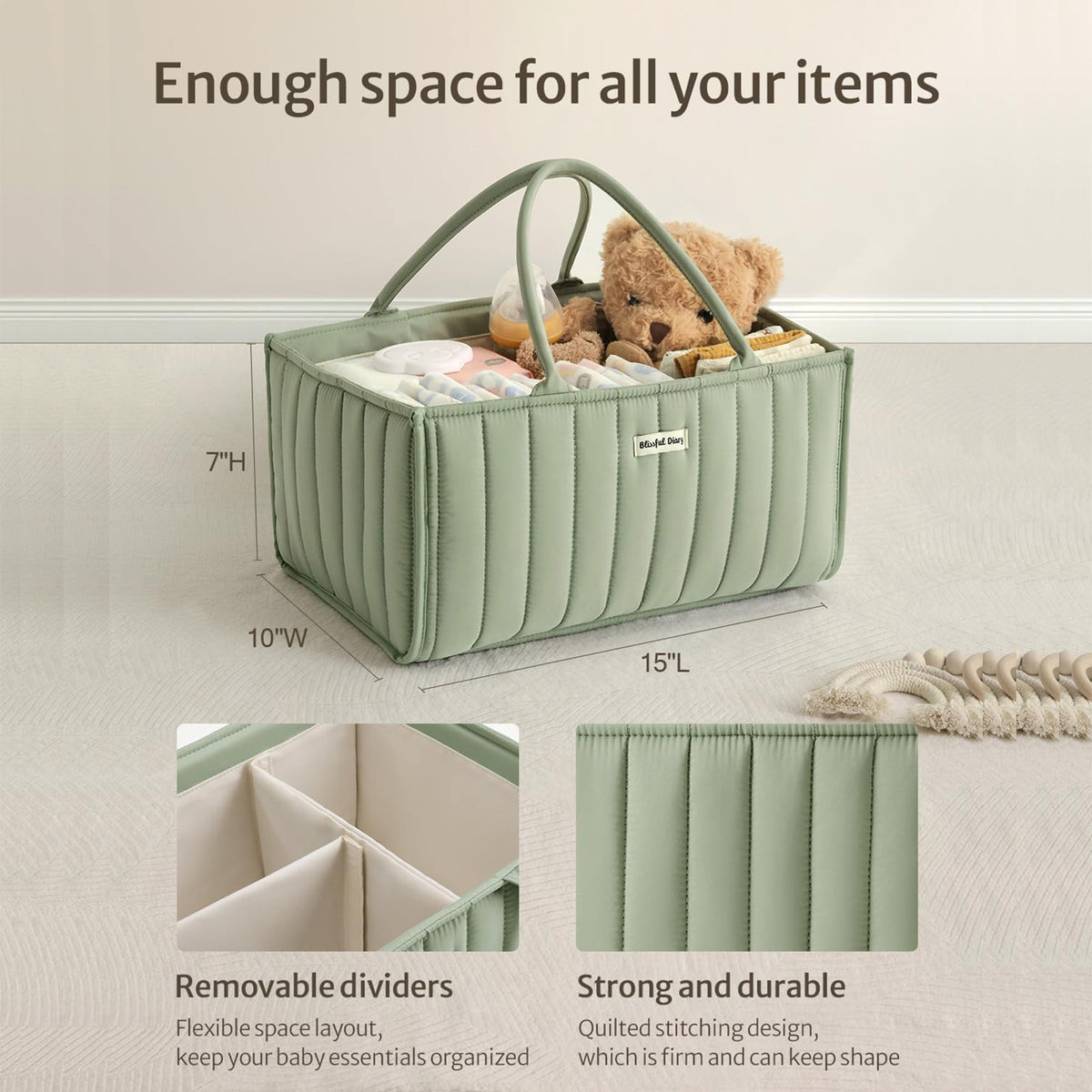 Green Cozy Cub Stylish Diaper Caddy Storage Basket for newborn essentials, featuring organized compartments for baby care items.