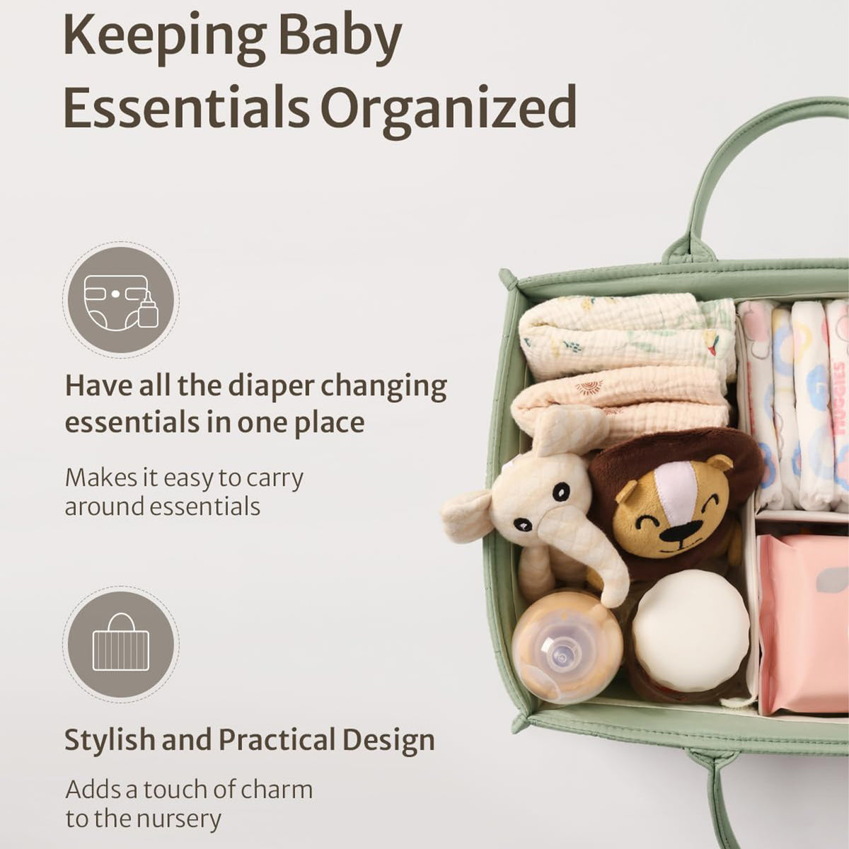 Green Cozy Cub Stylish Diaper Caddy Storage Basket for newborn essentials, ideal organizer for baby care and diaper supplies.