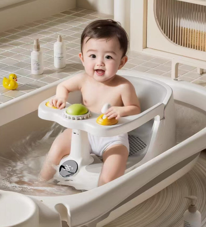 Cozy Cub Baby Bath Seat with non-slip suction cups and temperature display, designed for safe, comfortable bathing.