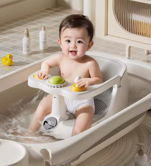 Cozy Cub Baby Bath Seat with non-slip suction cups and temperature display, designed for safe, comfortable bathing.