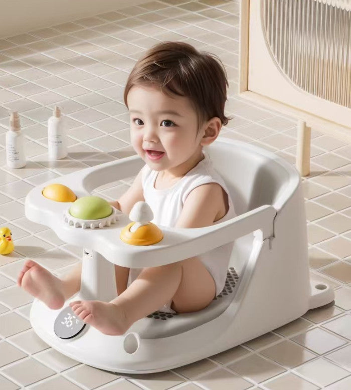 Cozy Cub Baby Bath Seat with non-slip suction cups and temperature display, high-quality plastic and TPE materials for safe bathing.