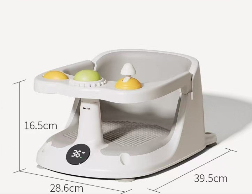 Cozy Cub baby bath seat with non-slip suction cups and temperature display, designed for safe and comfortable bathing.