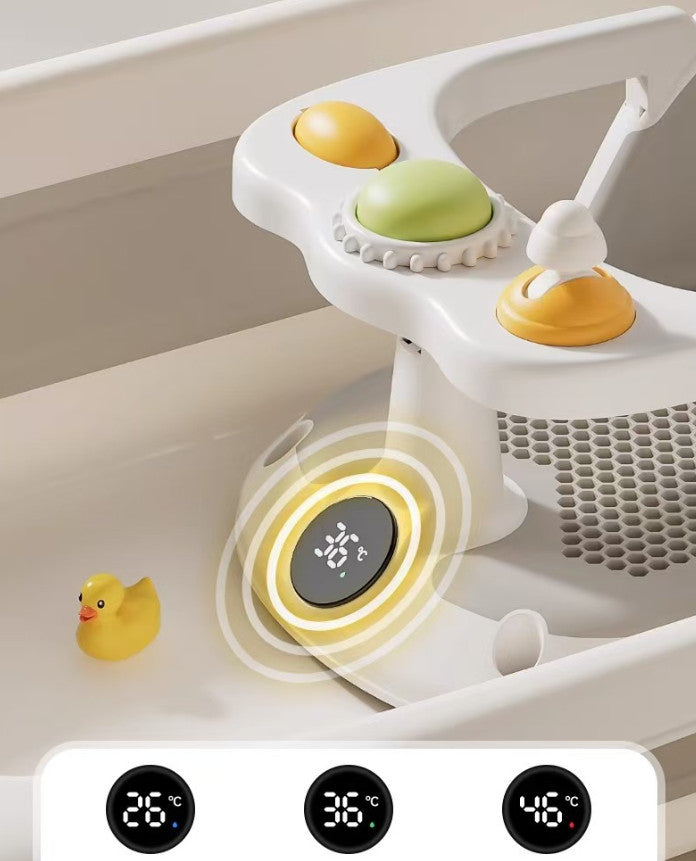 Cozy Cub Baby Bath Seat with non-slip suction cups and temperature display, made of high-quality PP and TPE for safe bathing.