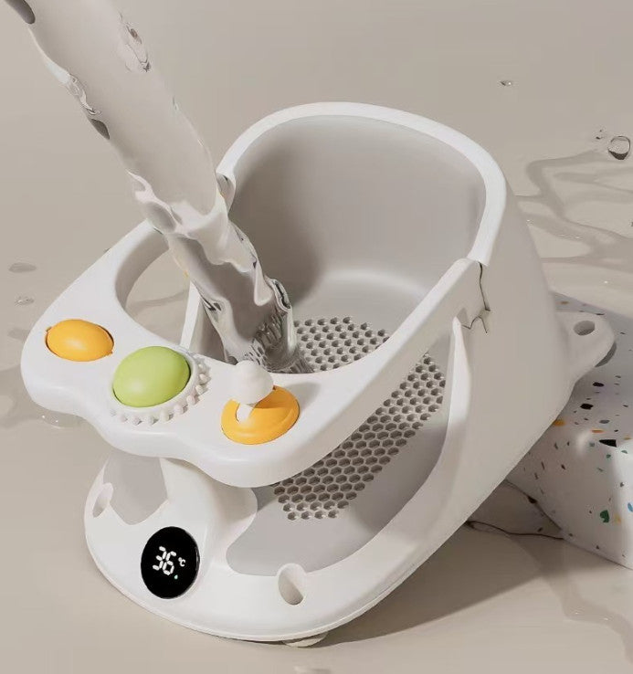 Cozy Cub baby bath seat with non-slip suction cup and temperature display, designed for safe, comfortable bathing of infants.