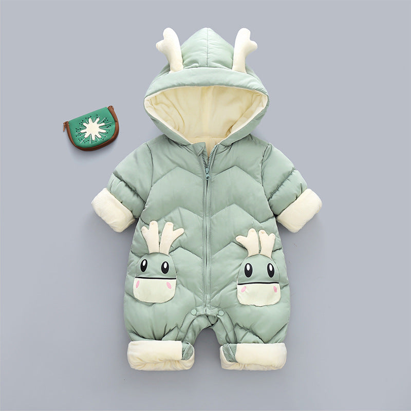 Blue Cozy Cub baby winter romper in 100cm size, warm and cozy one-piece outfit for cold days, perfect for keeping little ones comfortable.