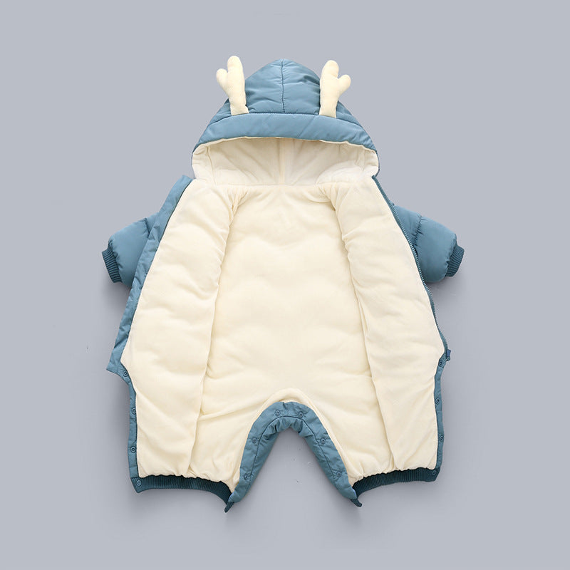 Blue Cozy Cub baby winter romper, warm one-piece apparel for cold days, suitable for infants up to 100cm tall.