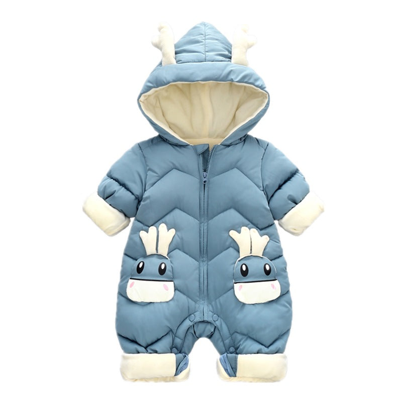 Cozy Cub baby winter romper in blue, warm one-piece apparel for cold days, size 100cm, suitable for infants.