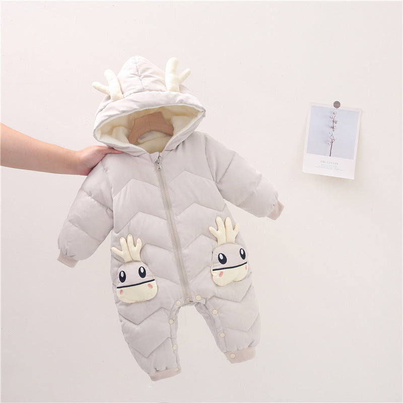 Blue Cozy Cub baby winter romper, warm one-piece apparel for cold days, suitable for 100cm size, cozy and comfortable for infants.