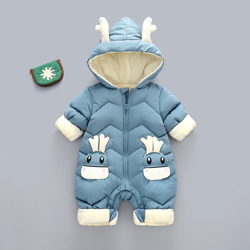 Blue Cozy Cub baby winter romper in 100cm size, warm and cozy one-piece apparel designed for cold days.