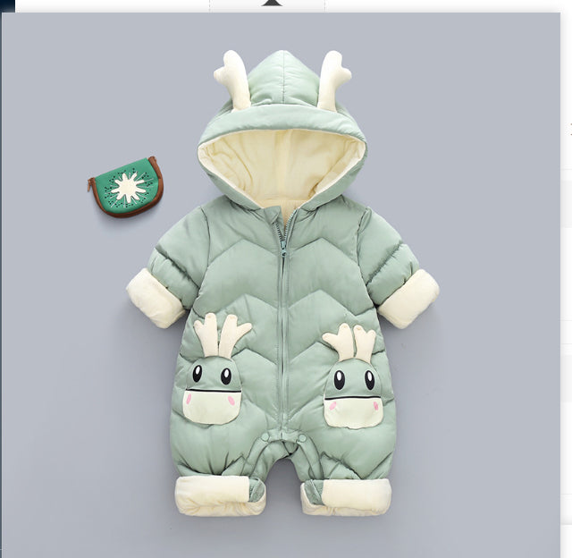 Blue Cozy Cub baby winter romper, warm and cozy one-piece apparel for cold days, in 100cm size, designed for infants.