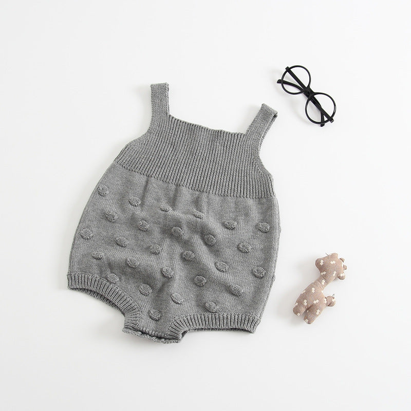 Gray Cozy Cub knitted baby sweater romper, cozy warm one-piece apparel for infants, featuring soft knit fabric and comfortable fit.