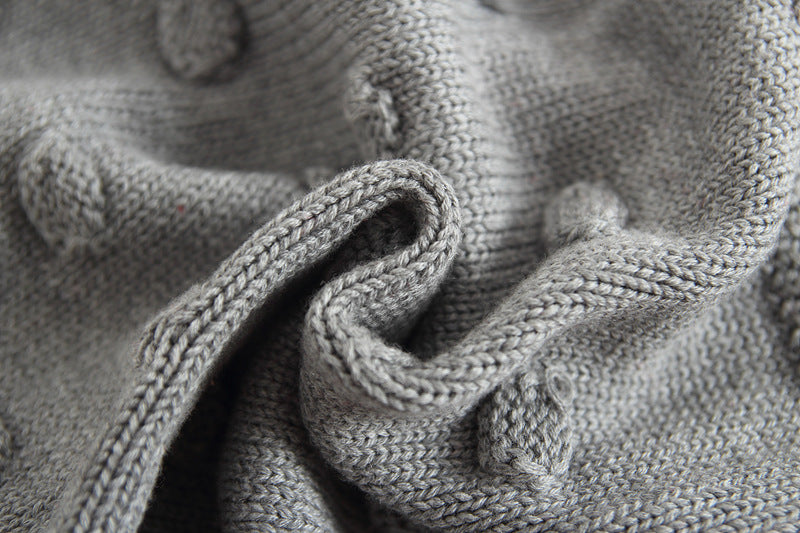 Gray Cozy Cub knitted baby sweater romper, warm and cozy one-piece infant apparel, suitable for chilly days.