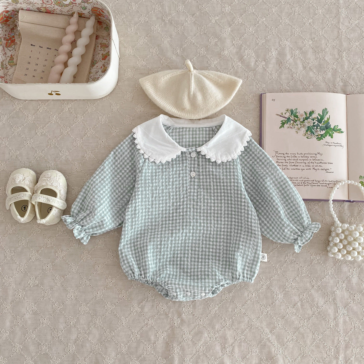 Light green Cozy Cub baby girl doll collar romper with long sleeves, one-piece design, covering the bottom, for infants.