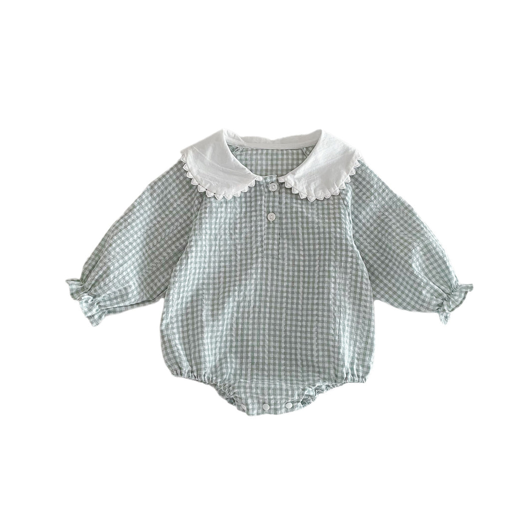 Light green Cozy Cub baby girl doll romper with long sleeves, collar, and bottom cover in a one-piece baby apparel.