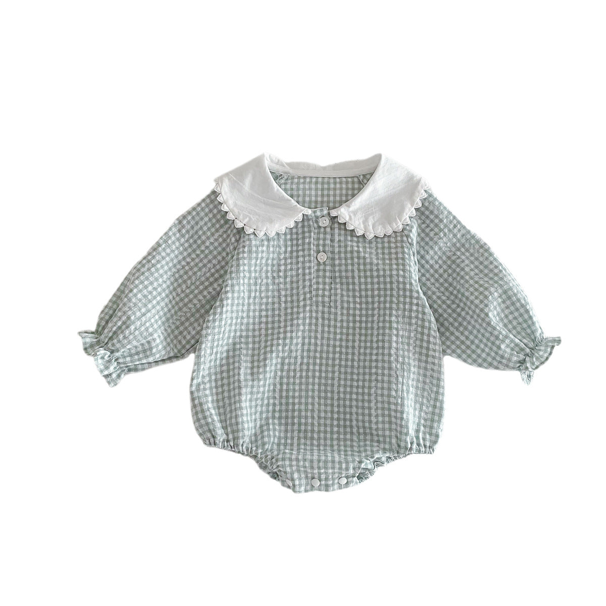 Light green Cozy Cub baby girl doll romper with long sleeves, collar, and bottom cover in a one-piece baby apparel.
