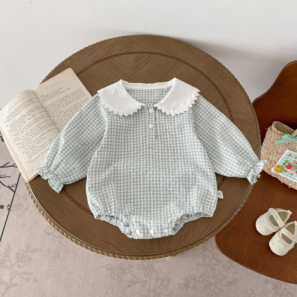 Light green Cozy Cub baby girl doll collar romper with long sleeves and bottom cover, perfect for cute, comfortable toddler apparel.