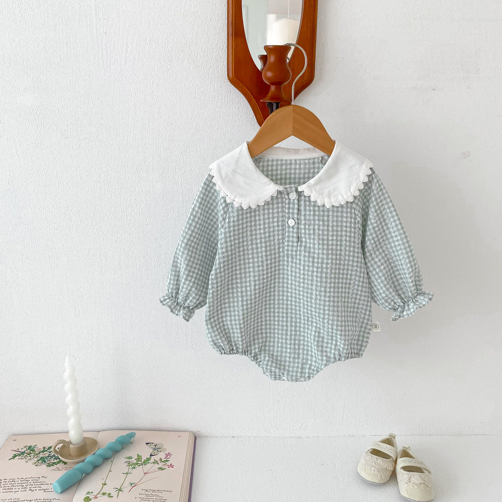 Light green Cozy Cub baby girl doll collar romper with long sleeves and bottom cover, displayed flat on a white background.