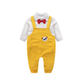 Yellow Cozy Cub baby romper featuring a dapper little gentleman design, perfect for a cozy and stylish little one-piece outfit.