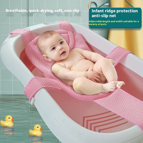 Blue Cozy Cub baby bath net rack with infant bathing sling support, designed for safe and comfortable infant bathing.