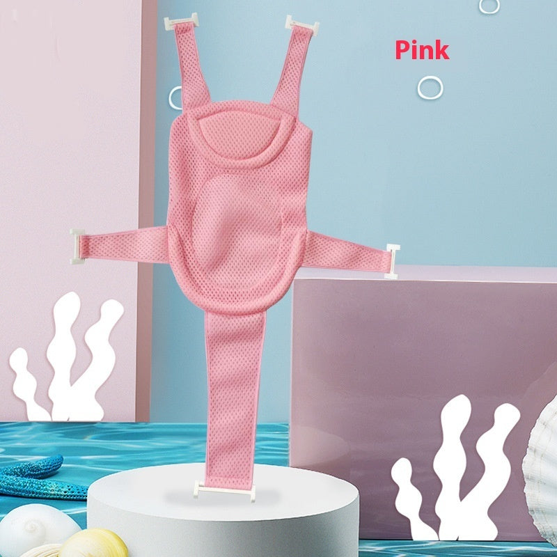 Blue Cozy Cub baby bath net rack supporting infant bathing sling for safe, comfortable bathing of babies in the bath.