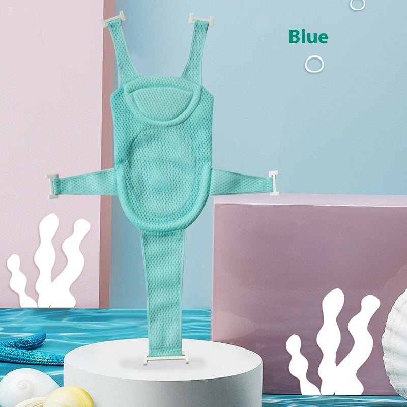 Blue Cozy Cub baby bath net rack supporting infant bathing sling, designed for safe and comfortable baby bathing.