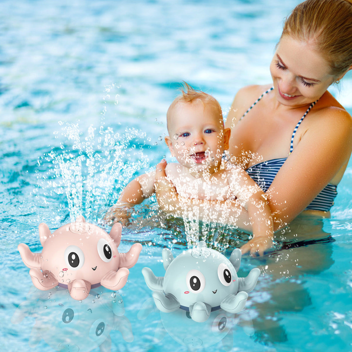 Blue Cozy Cub Baby Bath Spray Toy with flashing water spray, designed for fun shower and bath time for infants.