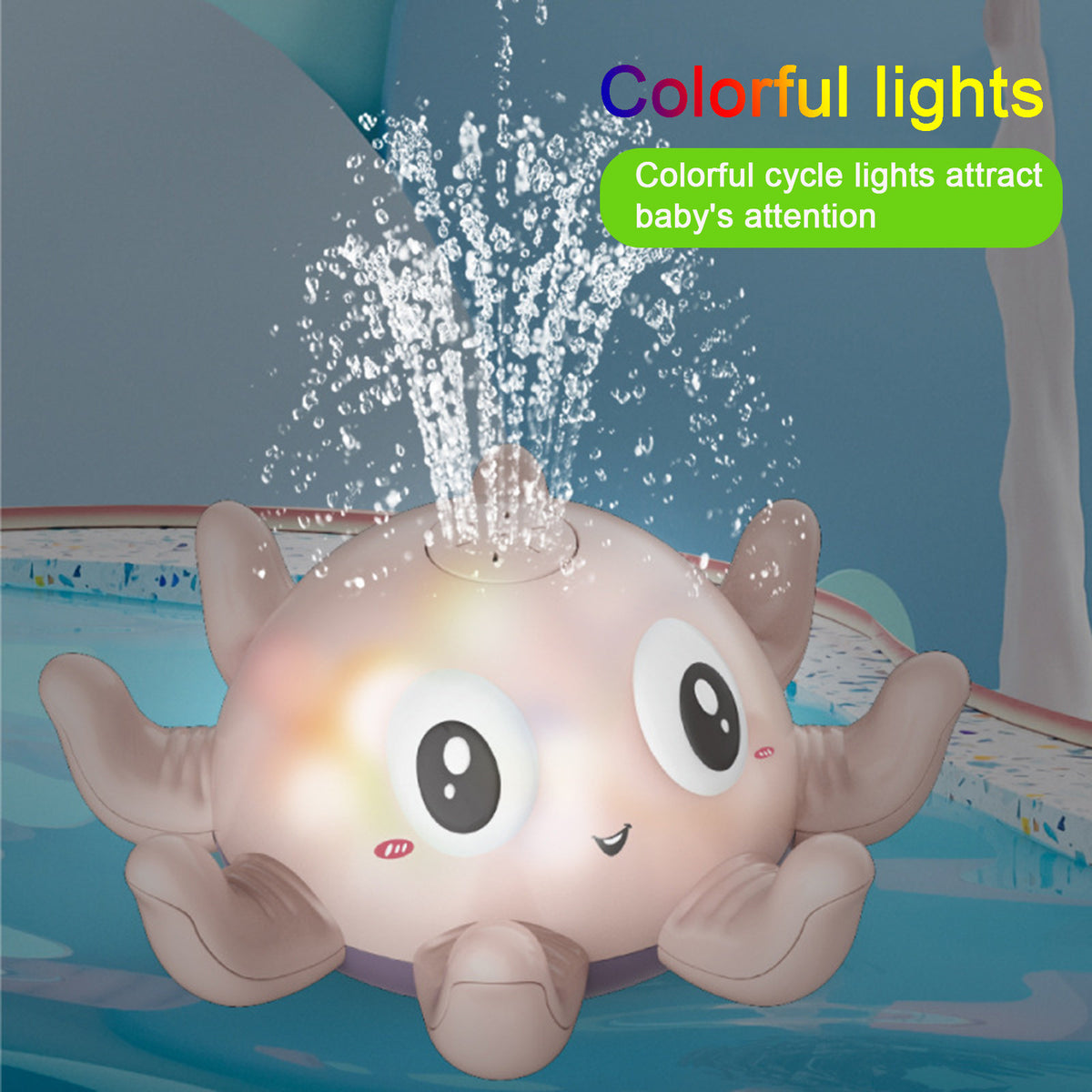 Cozy Cub Baby Bath Spray Toy in blue with flashing water spray, designed as a fun shower toy for infants during bath time.
