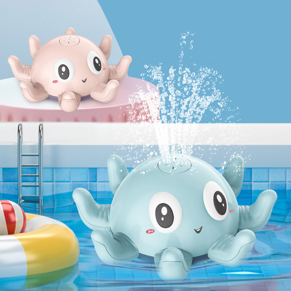 Cozy Cub Baby Bath Spray Toy in blue with flashing water spray, fun shower toy for infants during bath time.