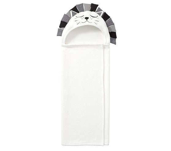 Cozy Cub baby hooded animal towel featuring a lion and cat design, soft cotton bath wrap for infants, with hood and animal face detail.