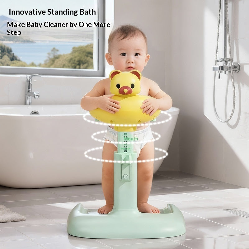 Yellow Cozy Cub baby bathtub stand with safe standing bath support for secure and comfortable bathing of infants.