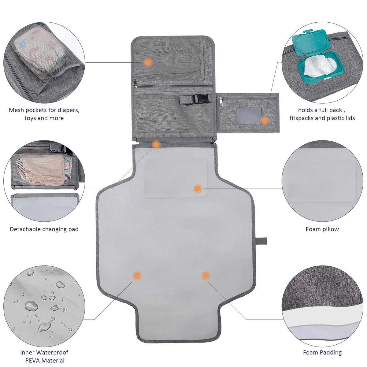 Gray Cozy Cub waterproof baby diaper pad, portable folding changing mat for diaper accessories, lightweight and easy to carry