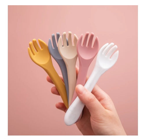 Cozy Cub baby silicone fork in army green, food-grade infant feeding utensil with ergonomic handle for easy feeding.